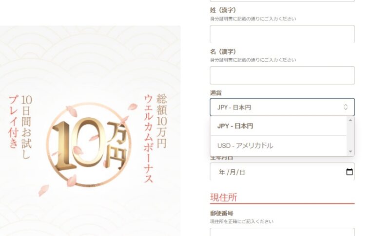 「日本円」か「USD」を選択