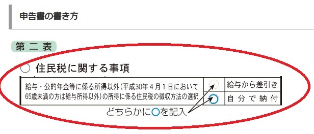 申告書の書き方：国税庁HP第二表住民税に関する事項給与・公的年金に係る所得以外の所得に係る住民税の徴収方法の選択：自分で納付